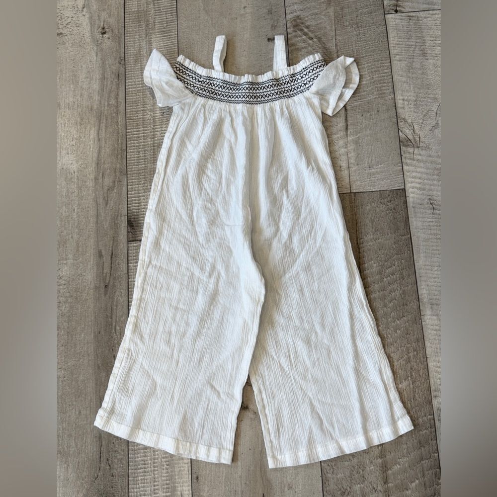 Janie and Jack Girls White Cotton Gauze Cold Shoulder Wide Leg‎ Jumpsuit Size 5
